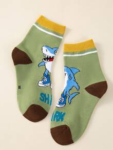 5 Pairs Cute Cartoon Shark & Monkey Print Children's Socks, Breathable & Moisture-Wicking, Mid-Calf Length, Suitable For Everyday Wear