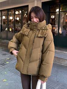 Petite Thick Padded High-End Padded Coat - Coffee Brown - View 8