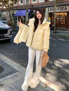 短版厚款高端熱銷女款羽絨外套 冬季 - 米黃色 - 查看 4