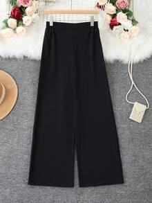 1pc Solid Color Polyester Women Pants, Suitable For Date Night, Vacation, Office, Home, Daily Wear, All Seasons - Black - View 3