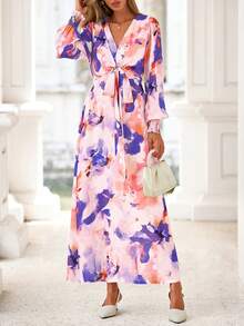 Women's  Fall Boho Maxi Dress Floral Long Sleeve V Neck Flowy Belted Elegant Holiday Party Dresses - Bản in màu nước lớn - Xem 5