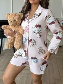 Sanrio 2pcs Hello Kitty Women Collared Button-Down Long Sleeve Printed Shirt Sleepwear And Elastic Waist Shorts Lounge Set, Winter Clothes - Pink - View 5