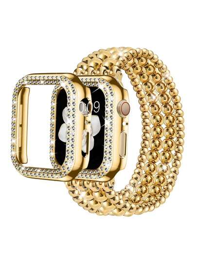 两件套：闪亮表带和保护壳，优雅女士金色手镯，镶嵌奢华闪耀水晶钻石，可调节水晶镶嵌PC框架手表保护壳，以及金色串珠手链/表带，兼容 Ultra 2/1 SE/S10/S9/8/7/6/5/4/3系列38mm、40mm、41mm、42mm、44mm、45mm、46mm、49mm，适合表带和表壳（女士）。