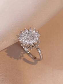 2 Peças Conjunto de Joias Femininas com Zircônia Cúbica Incrustada de Cobre, Girassol Rotativo, 1 Peça Colar + 1 Peça Anel, Tema Floral Requintado e Cintilante, Adicionando Toque Romântico e Luxuoso aos Looks