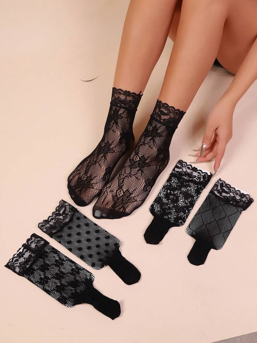 5 Pairs Lace Patchwork Ankle Socks, Women's Thin Sexy Hollow Out Short Socks, Ankle Socks For Summer