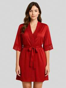 Luxury Romantic And Lace Robe Comfortable Bathrobe Night Line Bride And Maternity - Rojo - Ver 2