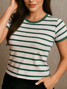 Women's T-Shirt Babe Look Striped Round Neck Basic  Premium Summer Fashion - 軍綠色 - 查看 1