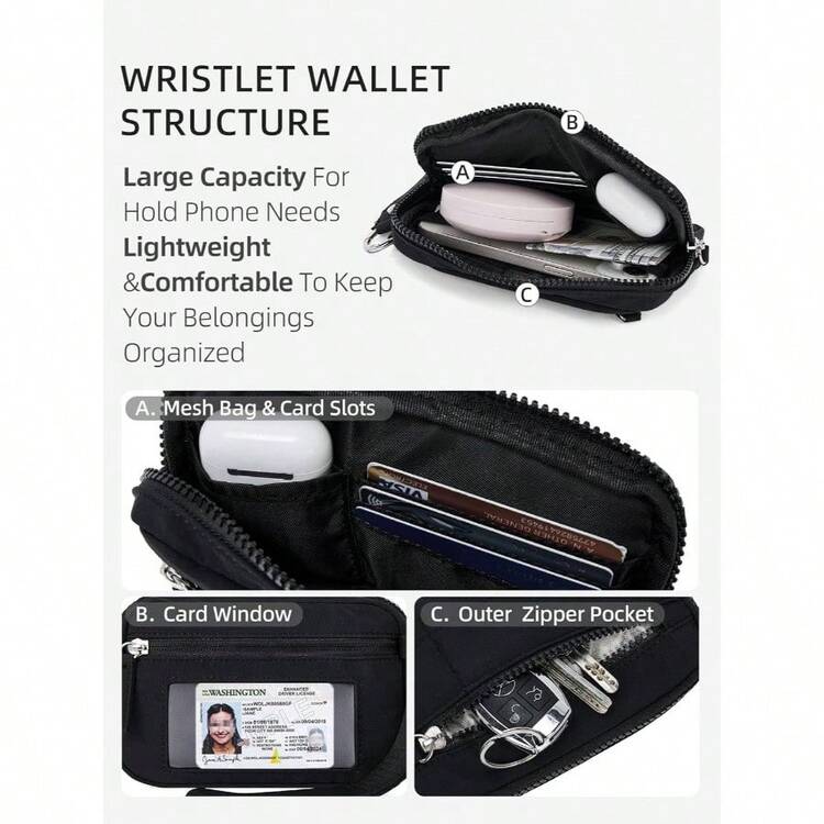 WESTBRONCO - portafolios acolchada de nailon para mujer, con 3 bolsillos con cierre, para viaje, tarjeta de crdito, organizador de telfono - Negro - - Añade 2