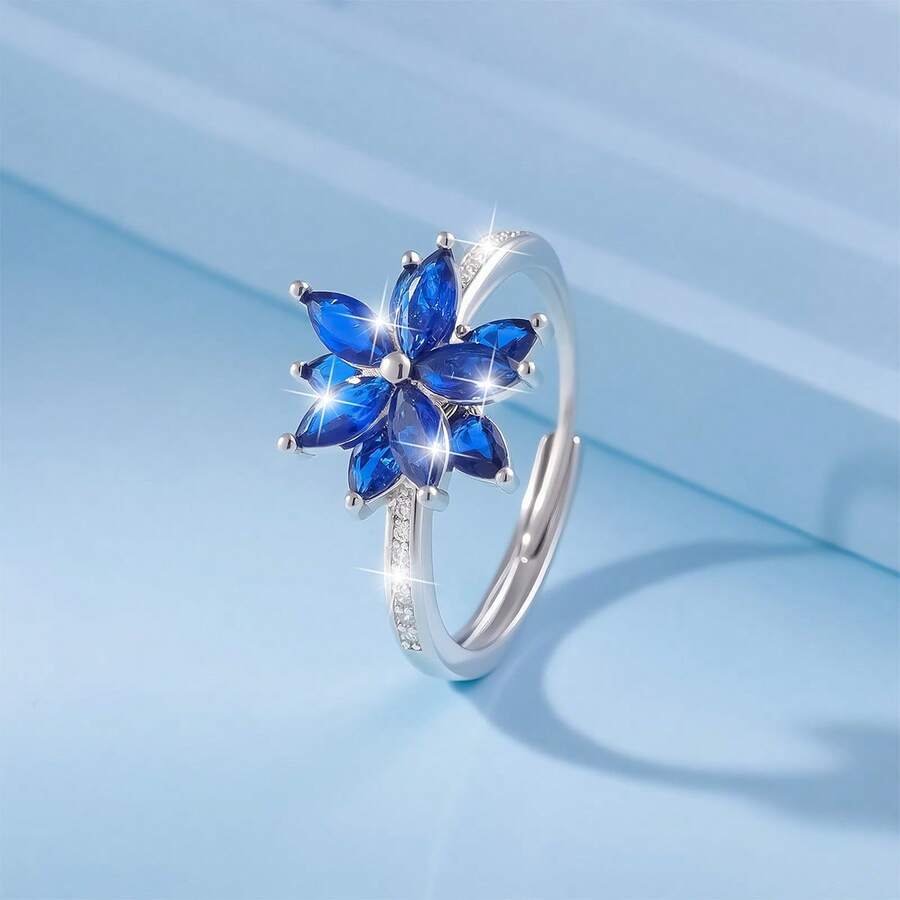 1pc Elegant 925 Sterling Silver Zirconia Flower Shaped Women's Rotatable Colorful Opal Adjustable Ring, Luxury Gift For Family, Friends, Christmas, Halloween, Valentine's Day, Birthday