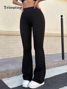 Trioutop Women's High Waisted Flare Leggings With Side Pockets, Phone Pocket Yoga Pants, Elastic Casual Sweatpants For Running - Black - View 6