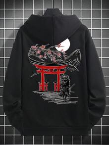 Hoodie Sweatshirt Krometka Pria Musim Gugur/Dingin Motif Aprikot yang Dipersonalisasi | Gaya Torii Prajurit Jepang - Hitam - View 7