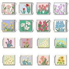 1PC Stainless Steel Italian Module Bracelet Components, Featuring Various Floral Patterns, DIY Making Jewelry For Bracelet Necklaces, Can Be Freely Matched With Different Styles