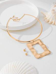 Exaggerated Geometric Asymmetrical Metallic Fashionable Necklace & Bead Set, Suitable For Women's Party Wear - Necklace + Earring Set - View 6