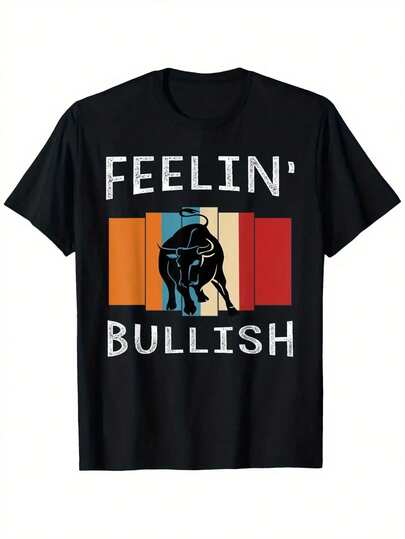 Camiseta de Inversor del Mercado de Acciones Feelin Bulish - Camiseta Retro con Patrón de Mercado Bull, Negra, con Texto Fuerte 'FEELIN' BULLISH' - Camiseta de Algodón Pesado de 180gsm, Adecuada para Inversores, Comerciantes, Disfraces de Halloween - Tallas Unisex S-- Ropa Casual de Calle para Todas las Estaciones, Ropa de Inversor, Diseño Retro, Ajuste Cómodo, Top de Acento, Entusiastas Financieros GSJR
