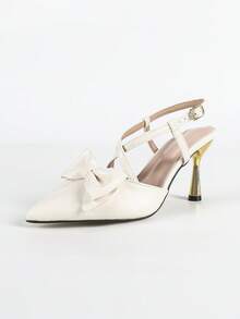 حذاء كعب عالي مدبب الأصبع برباط متقاطع بشريط أبيض للنساء، كعب رفيع موديل 2025 الجديد