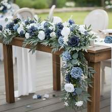 6FT Flower Garland Eucalyptus Willow Garland With Flowers Handcrafted Garland For Wedding Centerpieces For Rehearsal Dinner Bridal Shower, Wedding Ceremony Reception Outdoor Decor - 藍色 - 查看 7