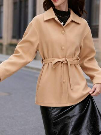 Abrigo de lana y mezcla de camel con cinturón, de estilo elegante para oficina y uso diario, para mujer en invierno y Año Nuevo