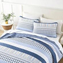 - Juego de colcha tamao, bohemio, de microfibra suave, 3 piezas, para todas las estaciones, a rayas azul marino y ocre - Azul marino + Queen - Ver 6