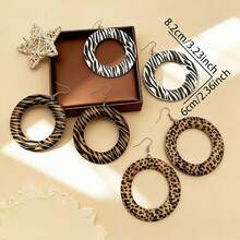 3 Pares/Conjunto, Brincos de Argola Grandes Exagerados, Estampa de Zebra e Leopardo - Presente Casual Diário/Férias para Mulheres, Brincos de Jóias de Contas de Madeira Criativas - Multicolorido - Visão 6