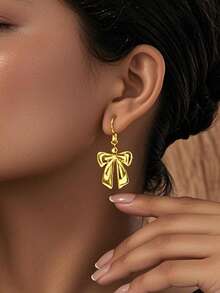 Gold Plated Bow Women Earrings 1 Pair French Art Fashion Accessories Suitable For Women Fit For Holiday Banquet Wear