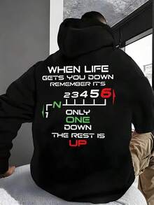 Men's Black Hooded Sweatshirt With Bold "When Life Goes " Motivational Quote & Number Graphic Print, Loose Fit Casual Pullover For Spring/Fall, Long Sleeve Round Neck Streetwear,Fall Hoodies,Men's Fall Clothes,Street Wear,Halloween,Mens Hoodies,Y2k Clothes,Jesus Hoodie,Thanksgiving Day,Nightmare Before Christmas,Christmas - Black - View 1