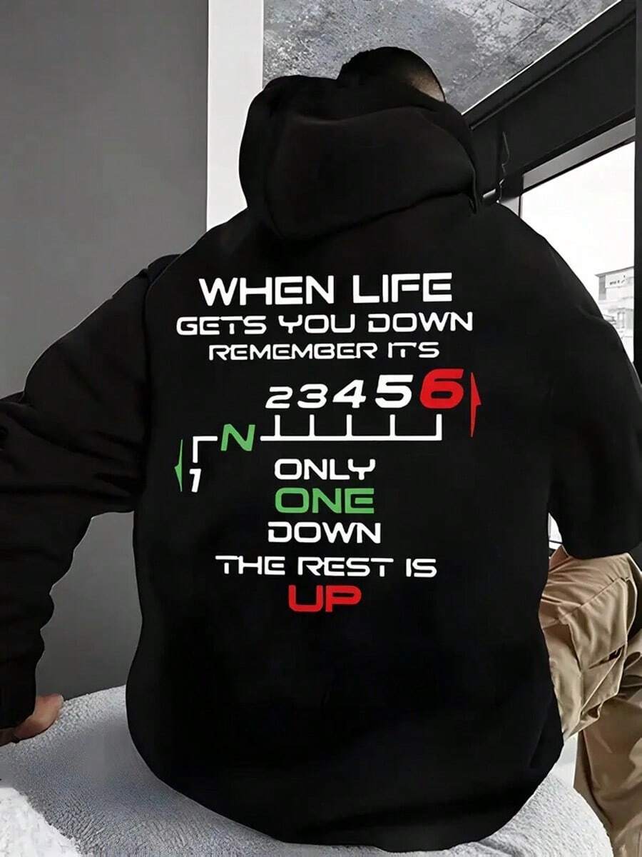 Men's Black Hooded Sweatshirt With Bold "When Life Goes " Motivational Quote & Number Graphic Print, Loose Fit Casual Pullover For Spring/Fall, Long Sleeve Round Neck Streetwear,Fall Hoodies,Men's Fall Clothes,Street Wear,Halloween,Mens Hoodies,Y2k Clothes,Jesus Hoodie,Thanksgiving Day,Nightmare Before Christmas,Christmas - Black - View 1