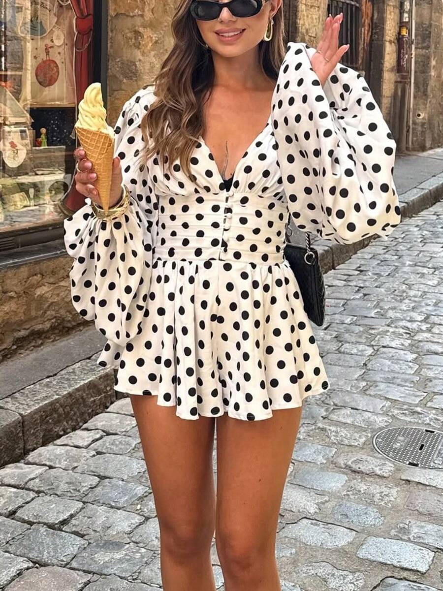 Vintage Polka Dot Mini Dress - Black & White Swing Dress With Lantern Sleeves & V-Neck, Retro Sweetheart Dress For Vacations & Parties - 黑與白 - 查看 1
