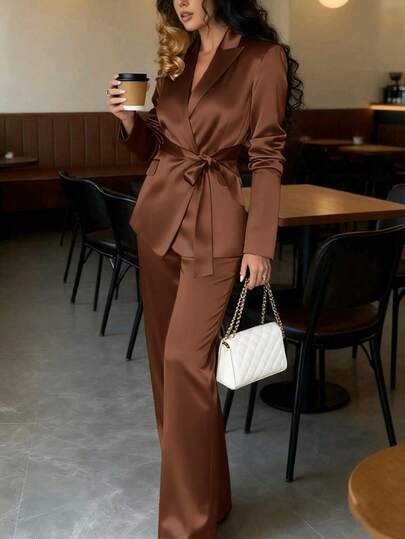Women's 2 Pieces Suit Set, Solid Color Casual Elegant Belted Faux Pocket Design, Suitable For Formal Occasions, Dates, Autumn/Winter