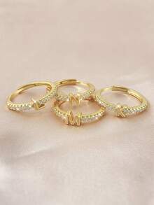 1枚A-Z字母钻石半圆开口戒指，女士个性化银戒指，精致珠宝，生日礼物 - 鑲鑽字母開口戒指 - 查看 5