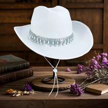 Shiny Rhinestone Cowgirl Hat For Women Solid Color Wide Brim Western Cap With Windproof Rope - White - View 2