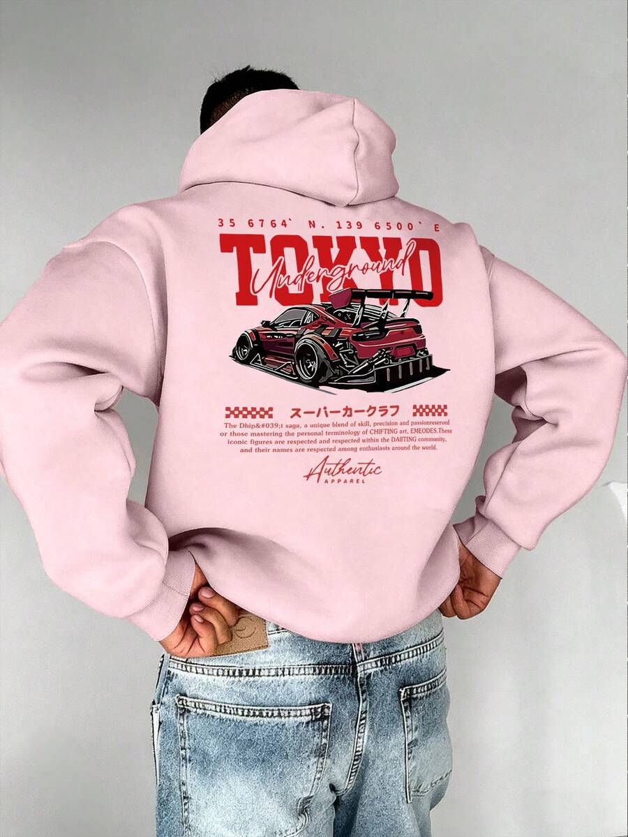 Men's Casual Fashionable Versatile Street Racer Element Slogan Print Kangaroo Pocket Drawstring Hoodie, Autumn/Winter - Pink - View 1
