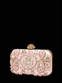 水钻首饰闪亮项链耳环手链套装，奢华闪亮水钻手拿包，适合派对、浪漫婚礼、春夏链条单肩包、新娘包、正式舞会手拿包、优雅晚礼服包，非常适合派对婚礼舞会晚宴/宴会，搭配节日派对礼服晚礼服和亮片礼服， - 粉色 - 查看 5