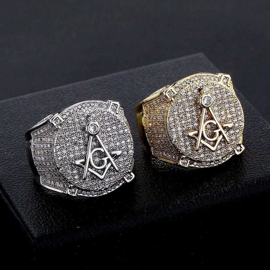 1 Piece Vintage Masonic Letter Ring  Electroplated Full  Personality Hip Hop Men's Ring - 金(白鋯) - 查看 1
