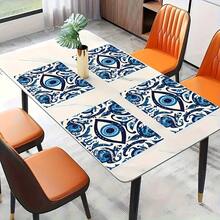 4 Greek Matimatakiya Evil Eye Placemats - Blue And White Linen Table Mats, 12x18inch Complex Eye Patterns, Suitable For Dining Tables, Kitchens, Parties And Holiday Decorations, Mediterranean Style, Textured Surface, Exquisitely Crafted Tableware, Non-Slip Placemats, Holiday Decorations, Banquet Table Arrangements - Nhiều màu - Xem 4