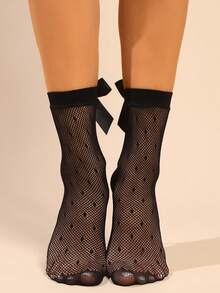 3 Pairs Bow Decor Short Socks Set, Women Thin Sexy Lace Hollow Out Ankle Socks, Fashionable Calf Socks