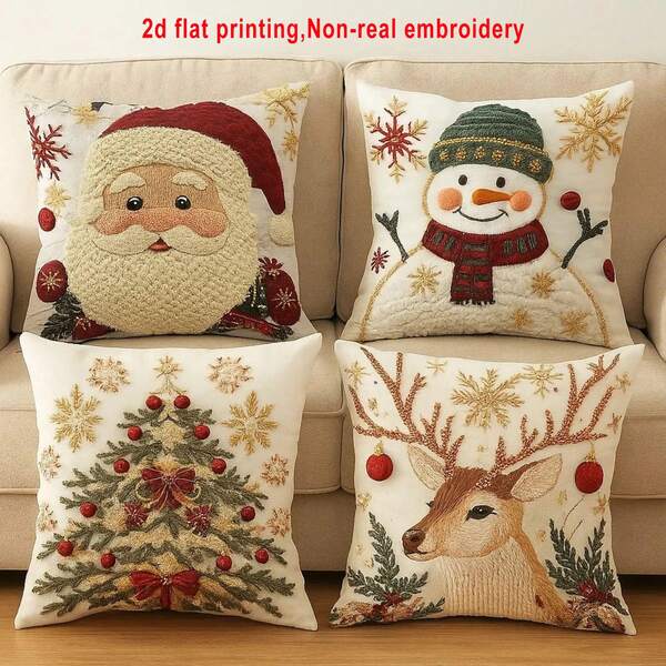 4 أغطية وسادة بتصميم موضوع عيد الميلاد، بصور بابا نويل، رجل الثلج، رنة، شجرة عيد الميلاد، طباعة 2D وليس تطريز 3D، من قماش بوليستر بطباعة أحادية الجانب، ديكور منزلي لعيد الميلاد والشتاء، ديكور حفلات، ديكور غرفة النوم، ديكور غرفة المعيشة، ديكور الأريكة، قابلة للغسل في الغسالة، مع إغلاق سحاب، بدون إدراج وسادة