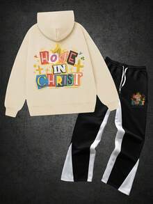 2 Piece Set,Hooded+Pants Two-Piece,Graphic Hoodie,Clothes For Men,Hoodie For Men, Hope In Christ Men'S 2pcs Christian Faith-Based Oversized Hooded Sweatshirt & Jogger Pants Set - Retro Gym & Casual Outfit Print, Warm Winter Clothing, Long-Sleeve Hoodie And Casual Pants With White Stripe Detailing, Men Tracksuit Set, Men Outfit Set - 杏色+黑色 - 查看 1