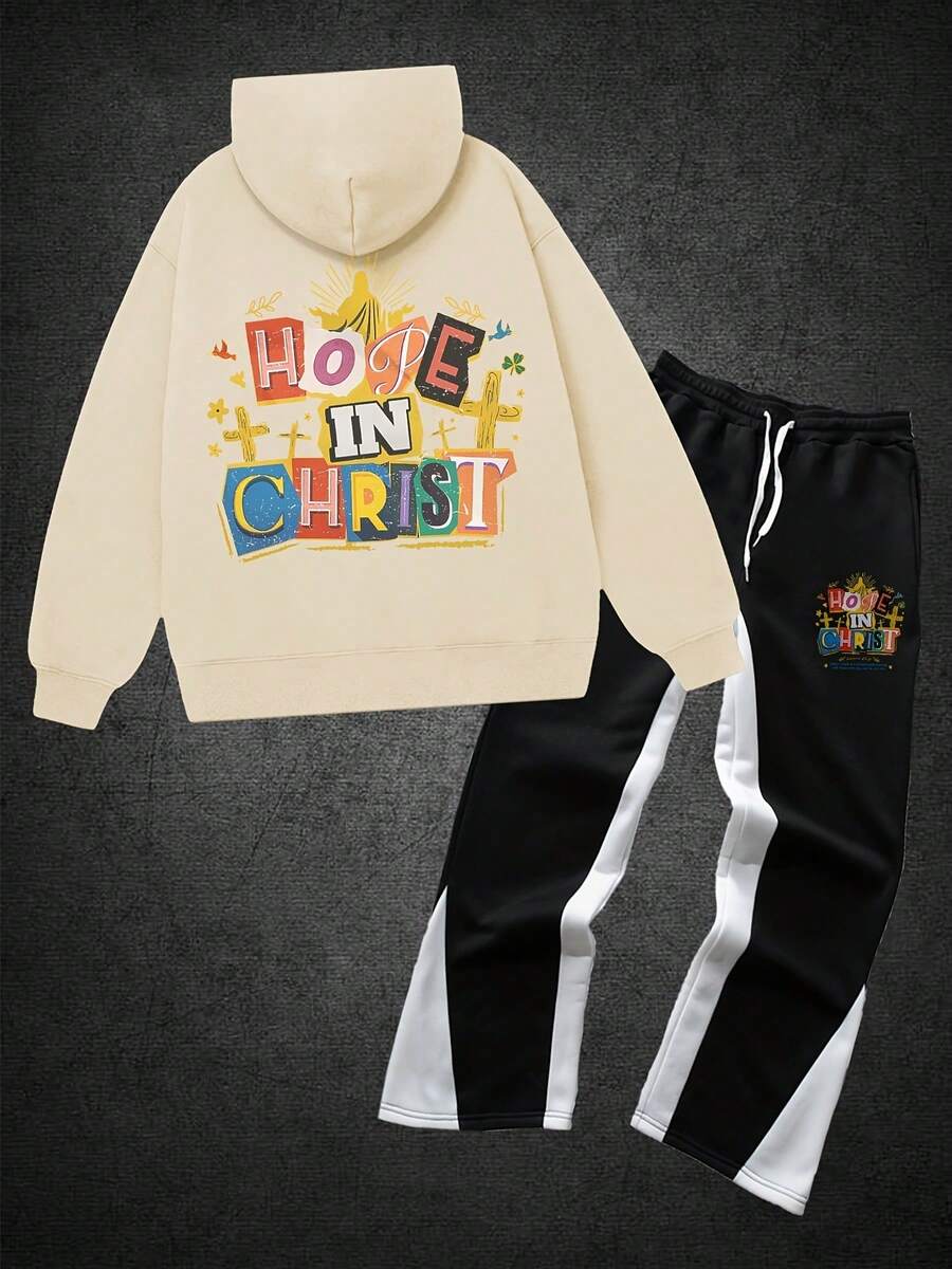 2 Piece Set,Hooded+Pants Two-Piece,Graphic Hoodie,Clothes For Men,Hoodie For Men, Hope In Christ Men'S 2pcs Christian Faith-Based Oversized Hooded Sweatshirt & Jogger Pants Set - Retro Gym & Casual Outfit Print, Warm Winter Clothing, Long-Sleeve Hoodie And Casual Pants With White Stripe Detailing, Men Tracksuit Set, Men Outfit Set - 杏色+黑色 - 查看 1