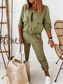 UREREM Olive Green Turndown Collar Utility Pockets Cinched Waist Cuffed Casual Jumpsuit, Woven Fabric 170G - Olive Green - View 2