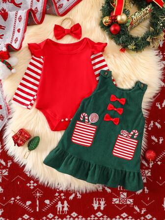 3 件套：红色长袖连体衣 + 绿色糖果刺绣背带裙（带蝴蝶结头带），圣诞节必备服装