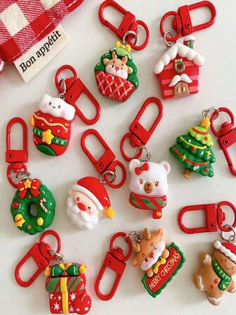 10pcs/Set Cartoon Christmas Home Keychain Set, Cute Santa Claus, Christmas Tree, Teddy Bear, Reindeer Pattern Backpack Pendant, Suitable For Christmas Decoration And Daily Accessories Gift Bag Charms Car Accessories Teacher Friend Sister Gift Ideas