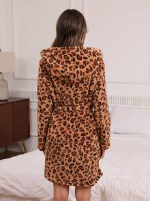 Leopard Print Fluffy Hooded Waist Tie Casual Sleepwear Cozy Robe, Winter