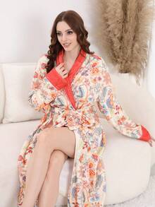 Autumn And Winter Women's Home Robe Plush Thick Lapel Tie Mid-Length Home Robe Floral Pattern Comfortable And Casual Atmosphere Pajamas Home Clothes - 混合色 - 查看 2