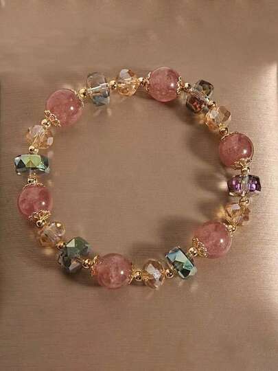 1pc Colorful Glass Strawberry Crystal Bead Bracelet, Good Luck Health Daily Wear & Gift