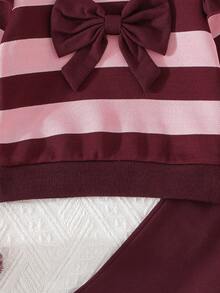 2pcs Baby Girls Casual Minimalist Spring/Autumn New Striped Round Neck Long Sleeve Bow Decor Top & Solid Color Flare Pants Set - Multicolor - View 8