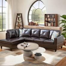 Conjunto de sofá seccional moderno en forma de L de 245 cm de ancho en marrón oscuro, chaise longue esquinero de cuero sintético con orientación a la izquierda, sofá cama modular de montaje sin herramientas, mueble multifuncional para sala de estar que ahorra espacio, ideal para apartamentos y oficinas. - Marrón - Ver 3