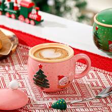 1 conjunto de canecas de cerâmica estilo árvore de Natal 3D com colher e tampa de aço inoxidável, xícara de café, decoração para casa de fim de ano, presente de Natal ideal para café, leite e chá