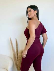 Cropped One Shoulder Mula Manca Women's Top With Ruffles Blouse One Sleeve Luxury Basic Spring Summer - Burgundy - View 2