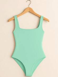 Women's Bori Bodysuit Square Neck Tank Top Thick Strap Basic Casual Blogger Suplex Various Colors Spring Summer - 薄荷綠 - 查看 2