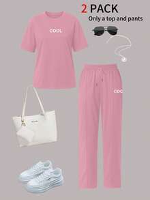 2pcs Women's Summer Set, Personalized Letter Print Round Neck Short Sleeve T-Shirt Paired With High Waist Drawstring Straight Leg Pants - Pink - View 3
